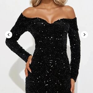 Anita Maxi Gown Large Elegant Black Sequin Off-Shoulder Dress